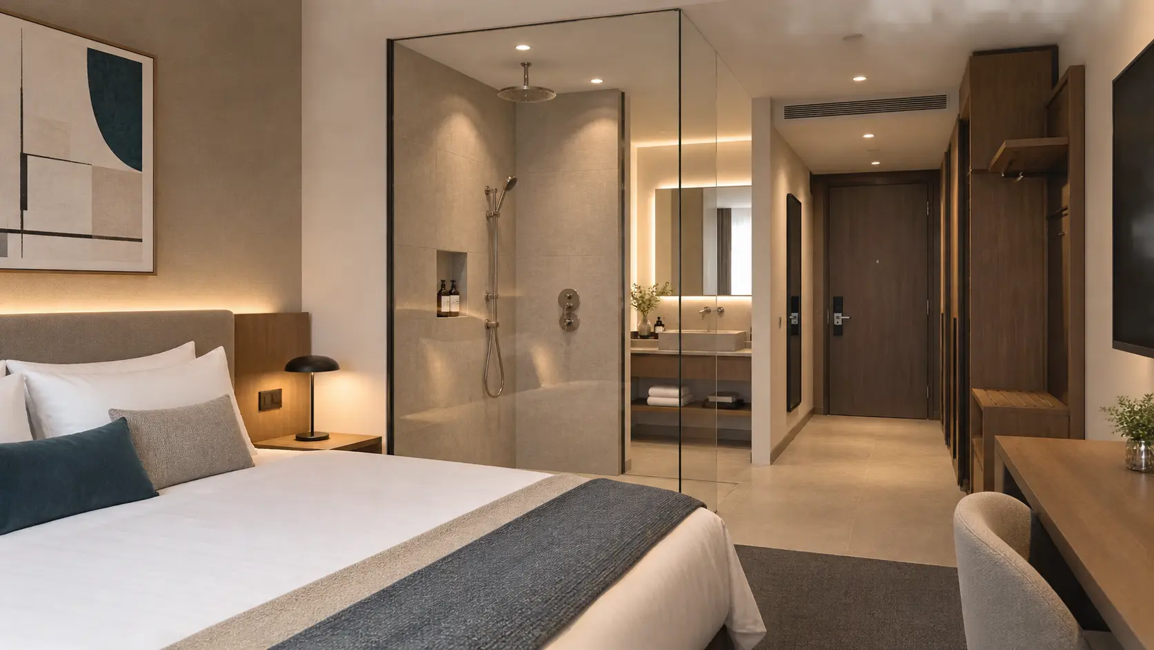 Chambre d’hôtel avec séparation vitrée Smart Film, vitrage transparent