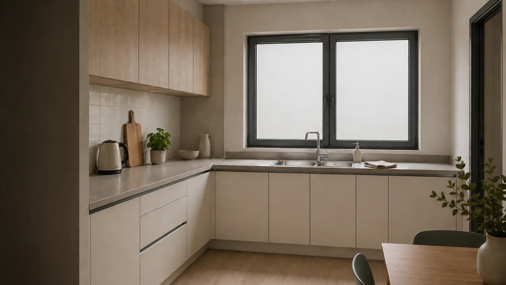Cuisine avec fenêtre équipée de Smart Film, vitrage en état privé