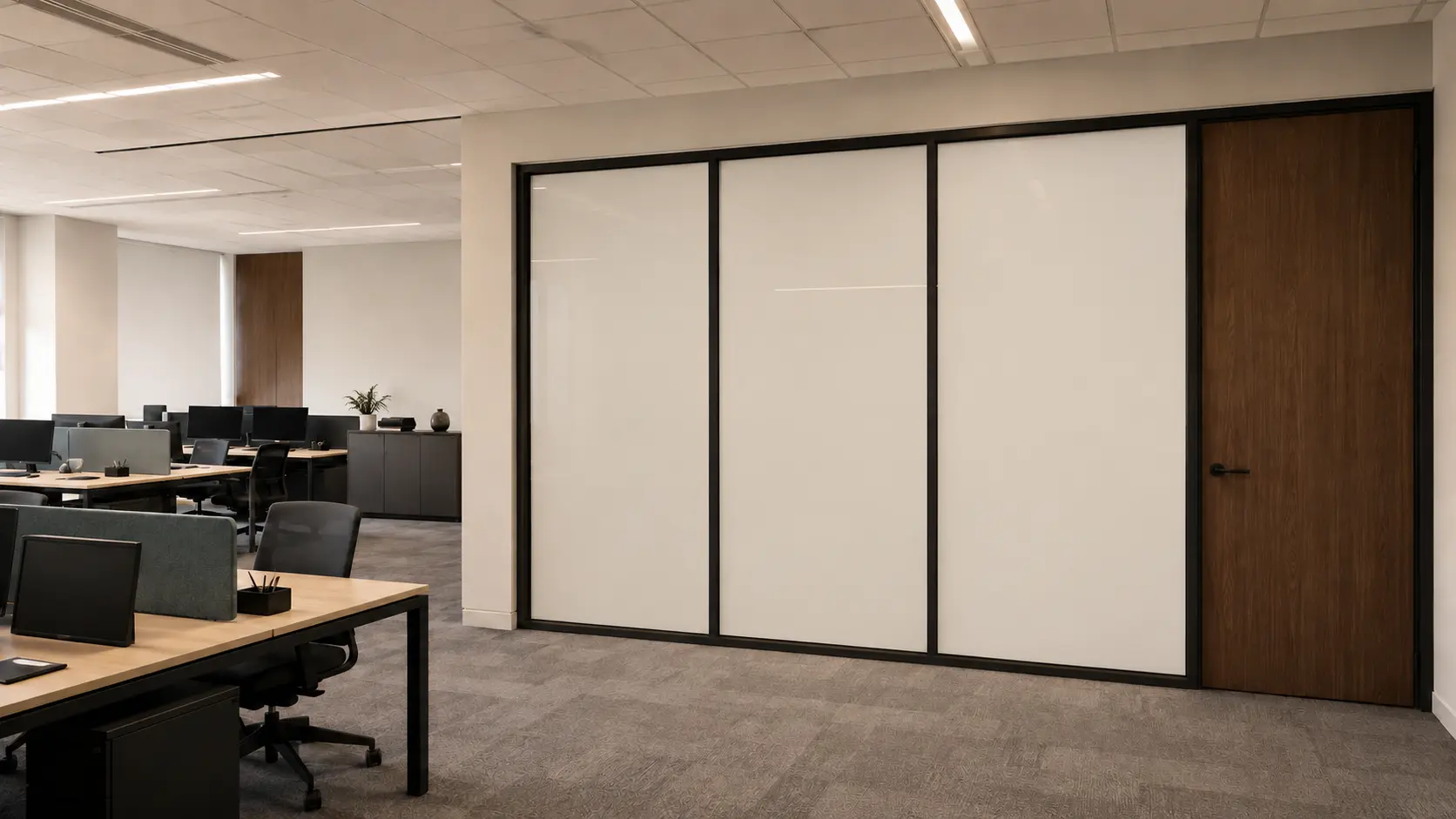 Salle de réunion vitrée équipée de Smart Film, vitrage privé