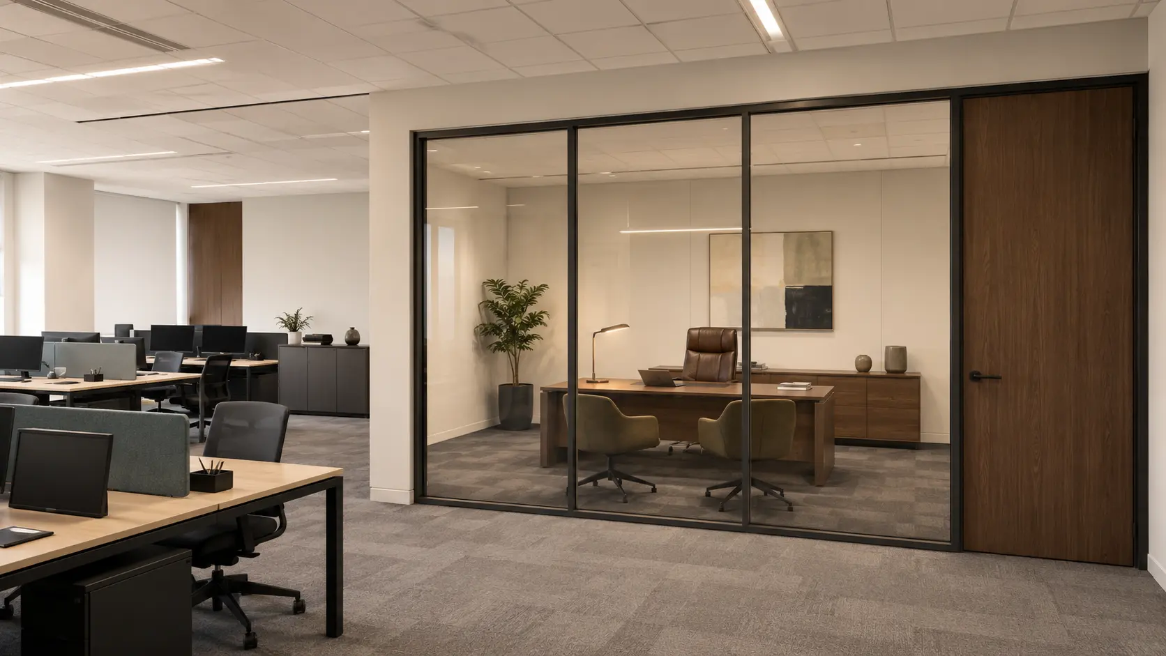 Salle de réunion vitrée équipée de Smart Film, vitrage transparent