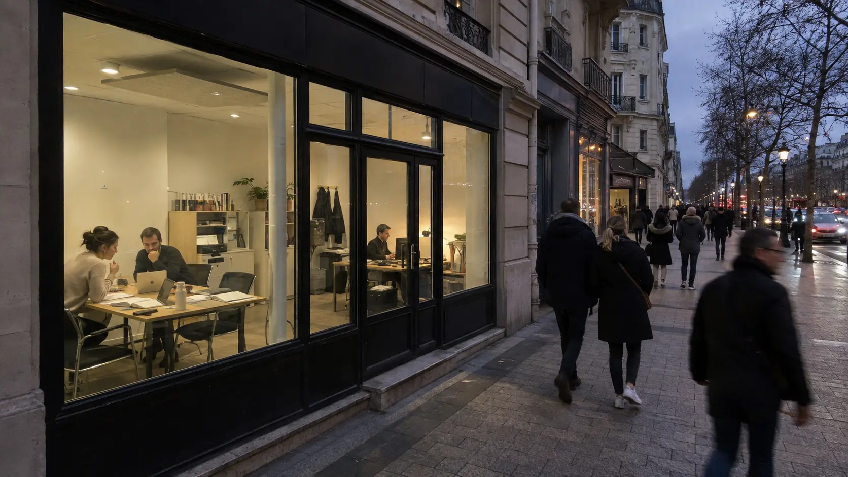 Façade vitrée d’un bureau parisien équipée de Smart Film, vitrage transparent
